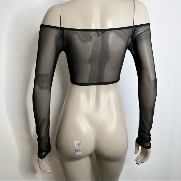 SOLD Fashion Nova Black Off Shoulder Mesh Long Sleeve Crop Top - Picture 5 of 8